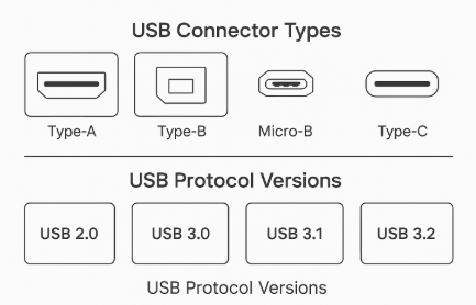 ALT: Diagram comparing USB connector types (Type-A, Type-B, Micro-B, Type-C) and USB protocol versions (USB 2.0, 3.0, 3.1, 3.2), illustrating the difference between physical connectors and data transfer standards.