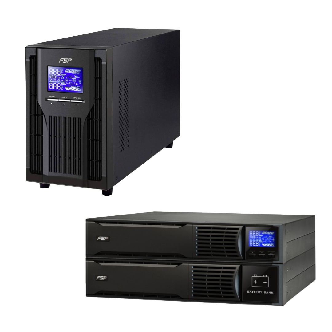 FSP Power Solution Champ UPS Series 1–10 kVA available in Tower and Rack-Mount configurations, providing pure sine-wave output for enterprise and industrial applications