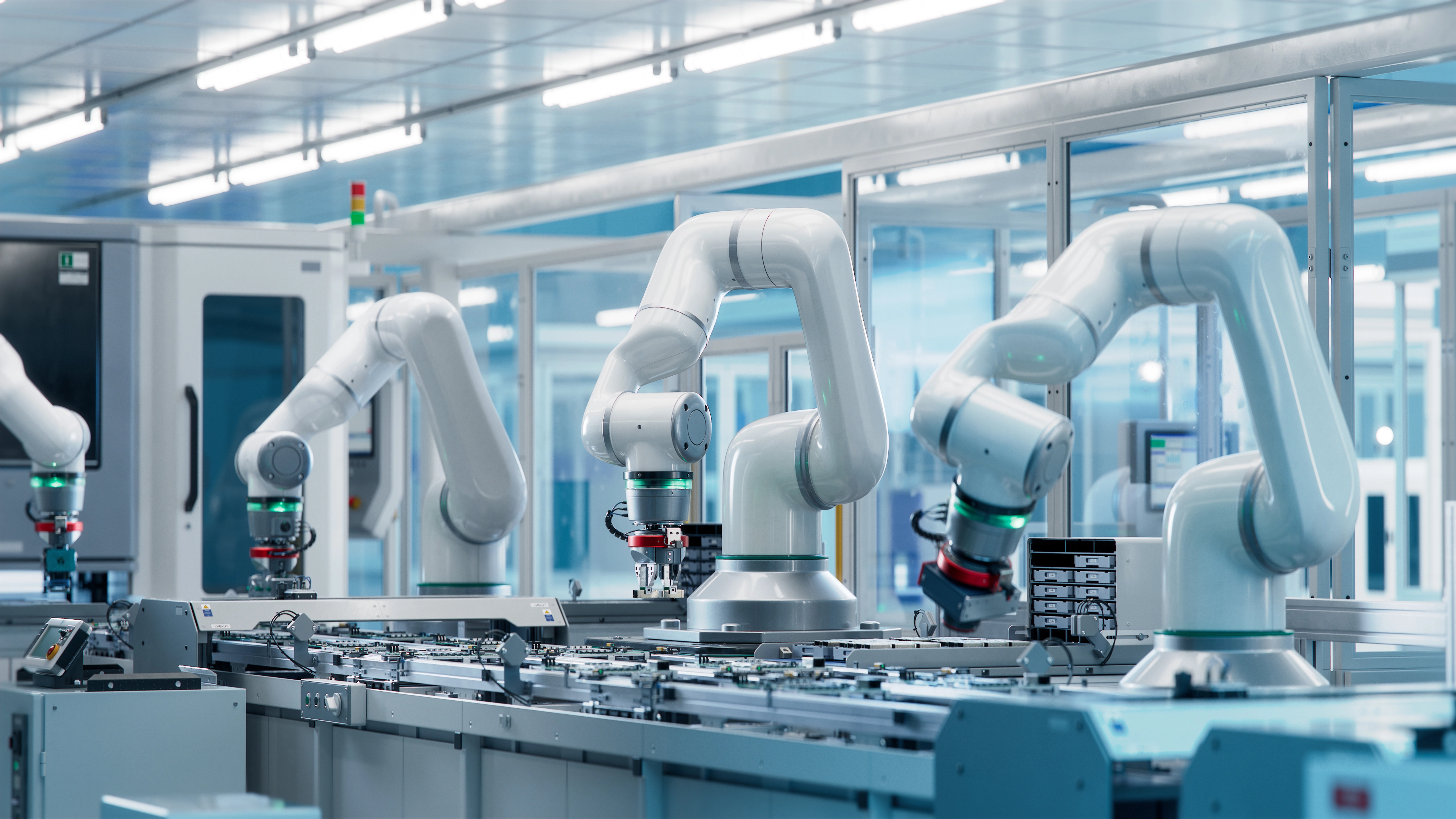 Robotic arms on an automated manufacturing line with redundant PSU and PMBus integration